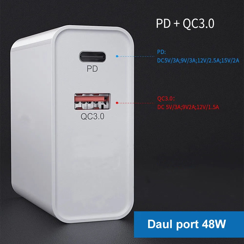 Fast charging wall charger with multiple USB ports in black or white ABS plastic housing