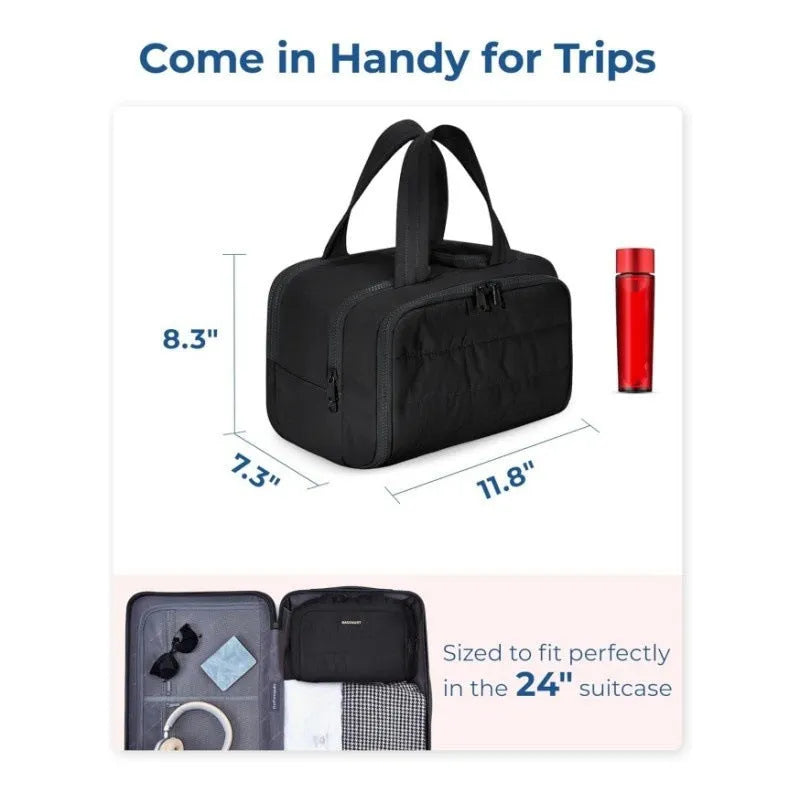 Large open travel toiletry bag in polyester showing beige colour, dimensions 29.97 x 18.54 x 21.08cm.