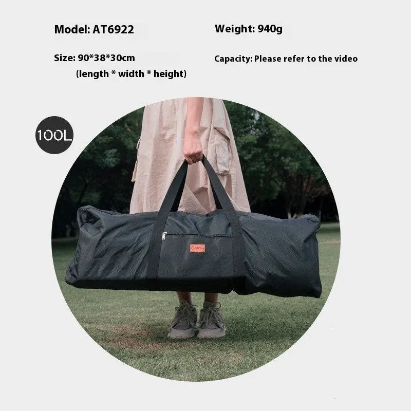 Green waterproof camping storage bag shown expanded and folded, with tents and chairs organised inside