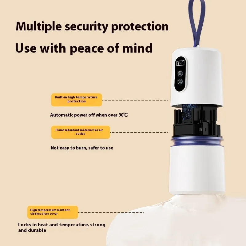 White cylindrical mini household air dryer with PTC heating, 85x85x166mm, includes drying bag