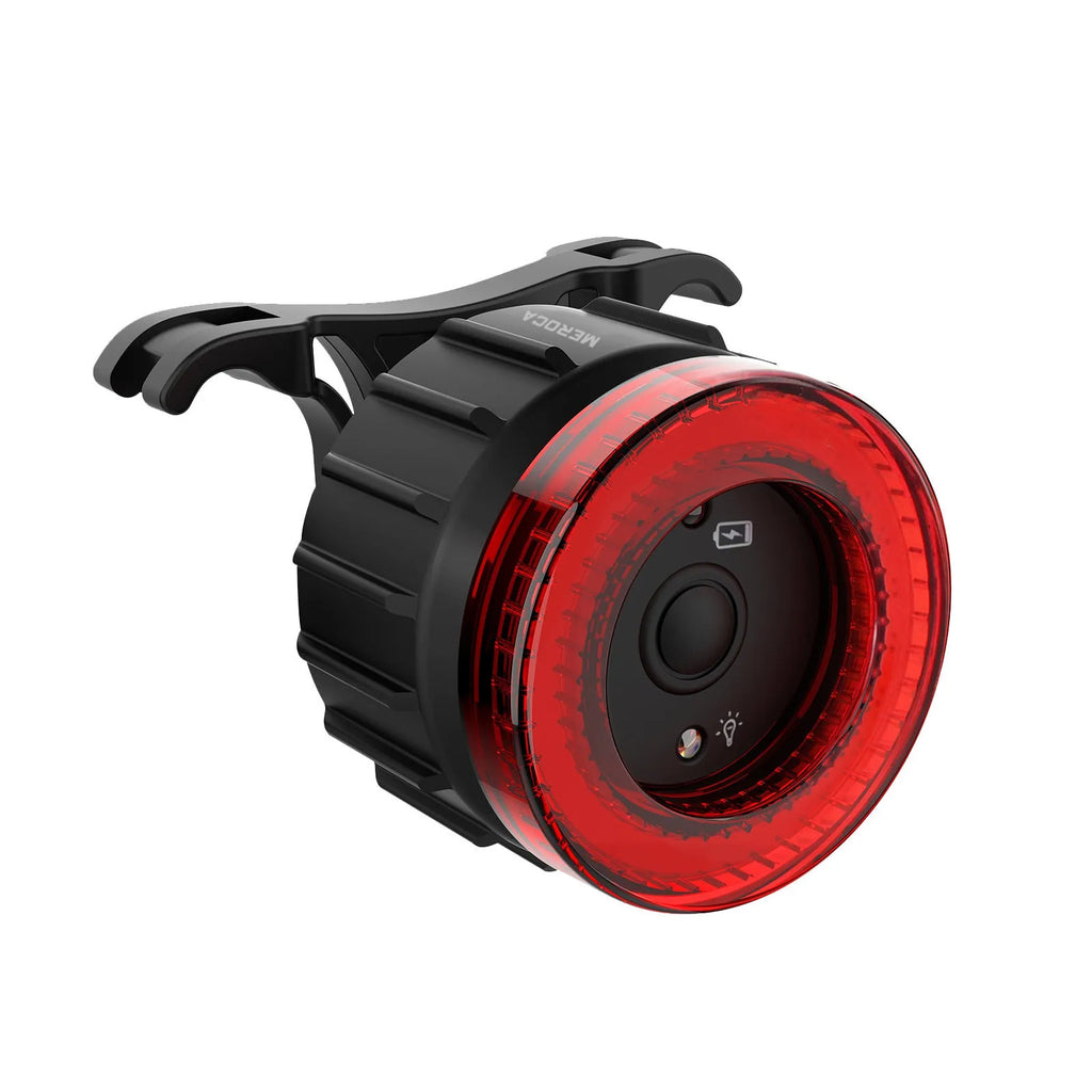 Black Intelligent Induction Brake Taillight for bicycles with seat tube bracket.