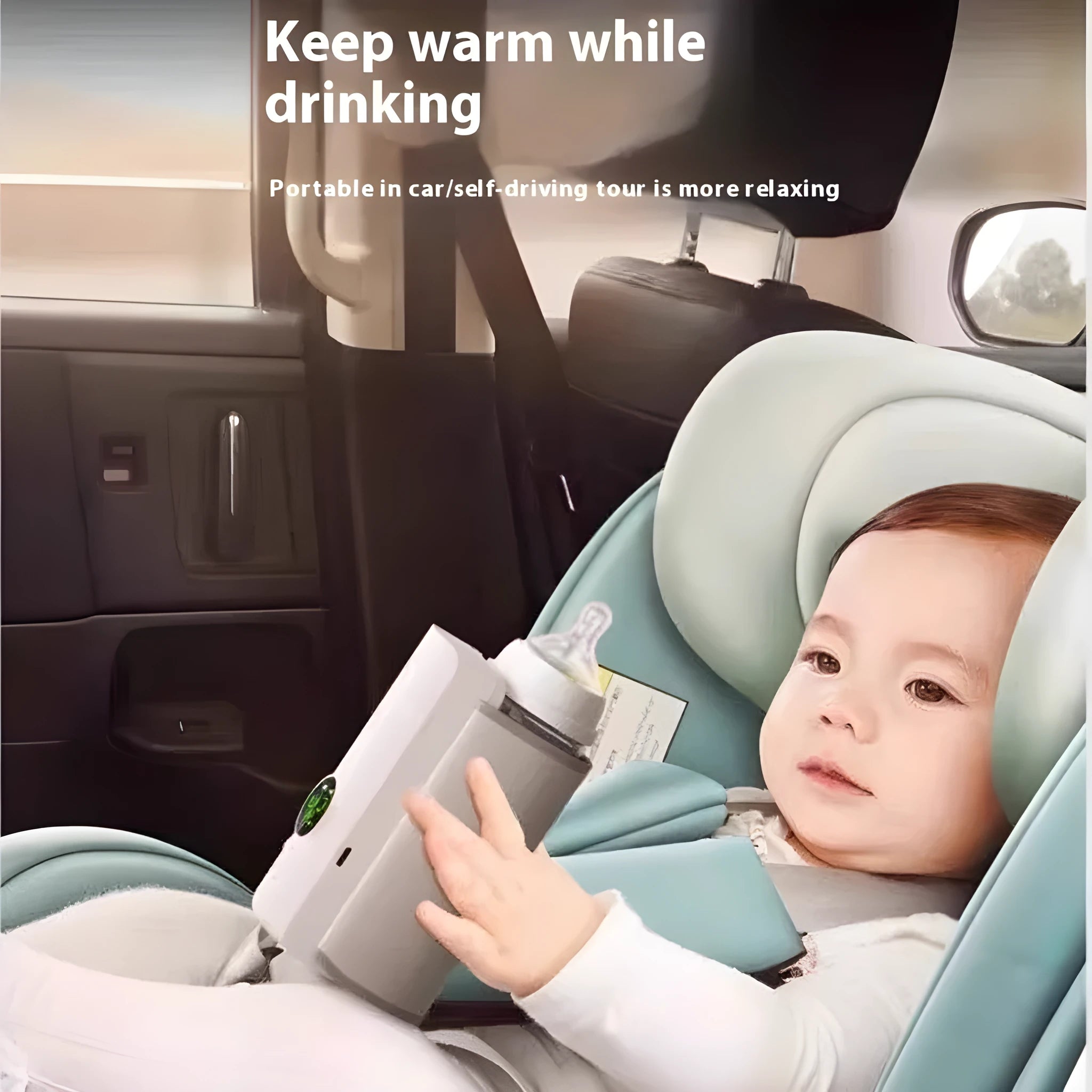 Grey and white car charger electric milk warmer with ABS polypropylene body and pu leather cover.