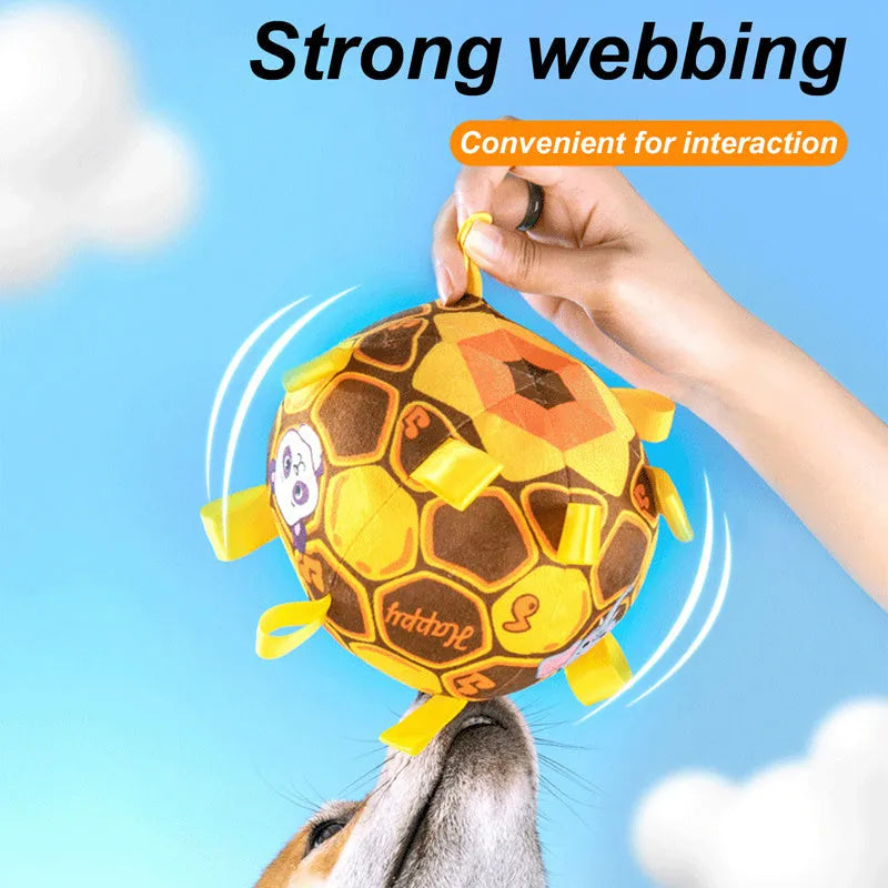 Green interactive ball dog toy with plush handle and bells for aggressive chewers