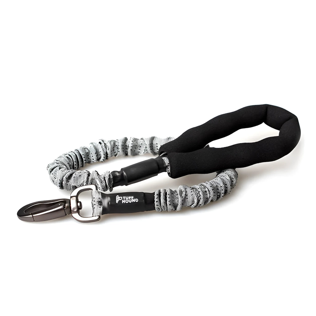 Grey adjustable nylon dog chest strap leash on a golden retriever, showing extended length settings