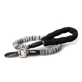 Grey adjustable nylon dog chest strap leash on a golden retriever, showing extended length settings