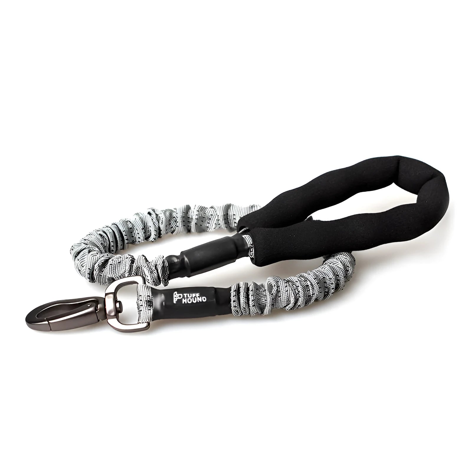 Grey adjustable nylon dog chest strap leash on a golden retriever, showing extended length settings