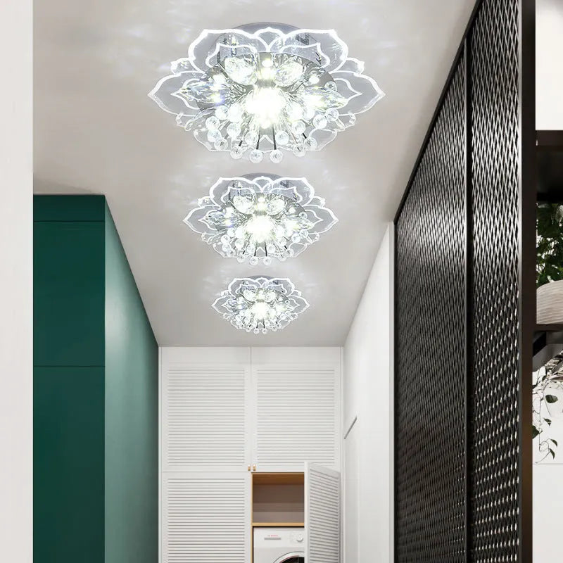 Modern crystal ceiling lamp with flower-shaped acrylic shade and stainless steel fittings