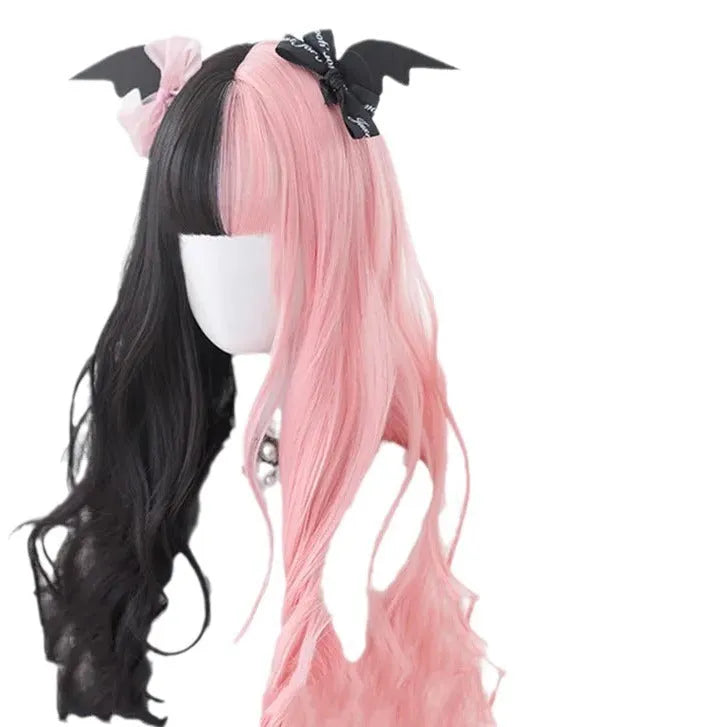 Harajuku Japanese Lolita cosplay wig with long Black Pink curly hair and fringe