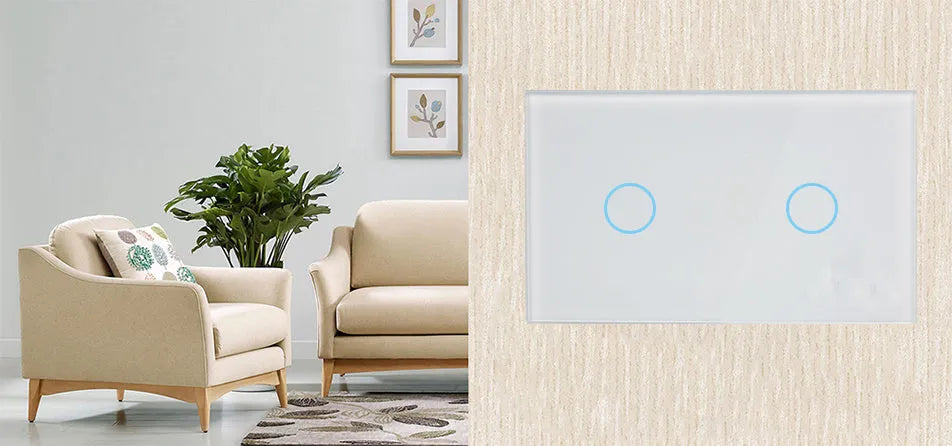 White 2-gang RF smart touch light switch with tempered glass panel and LED indicators