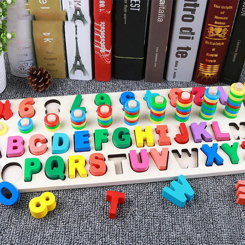 Wooden 3D alphabet and number puzzle board with geometric pieces for toddlers' educational play