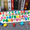 Wooden 3D alphabet and number puzzle board with geometric pieces for toddlers' educational play