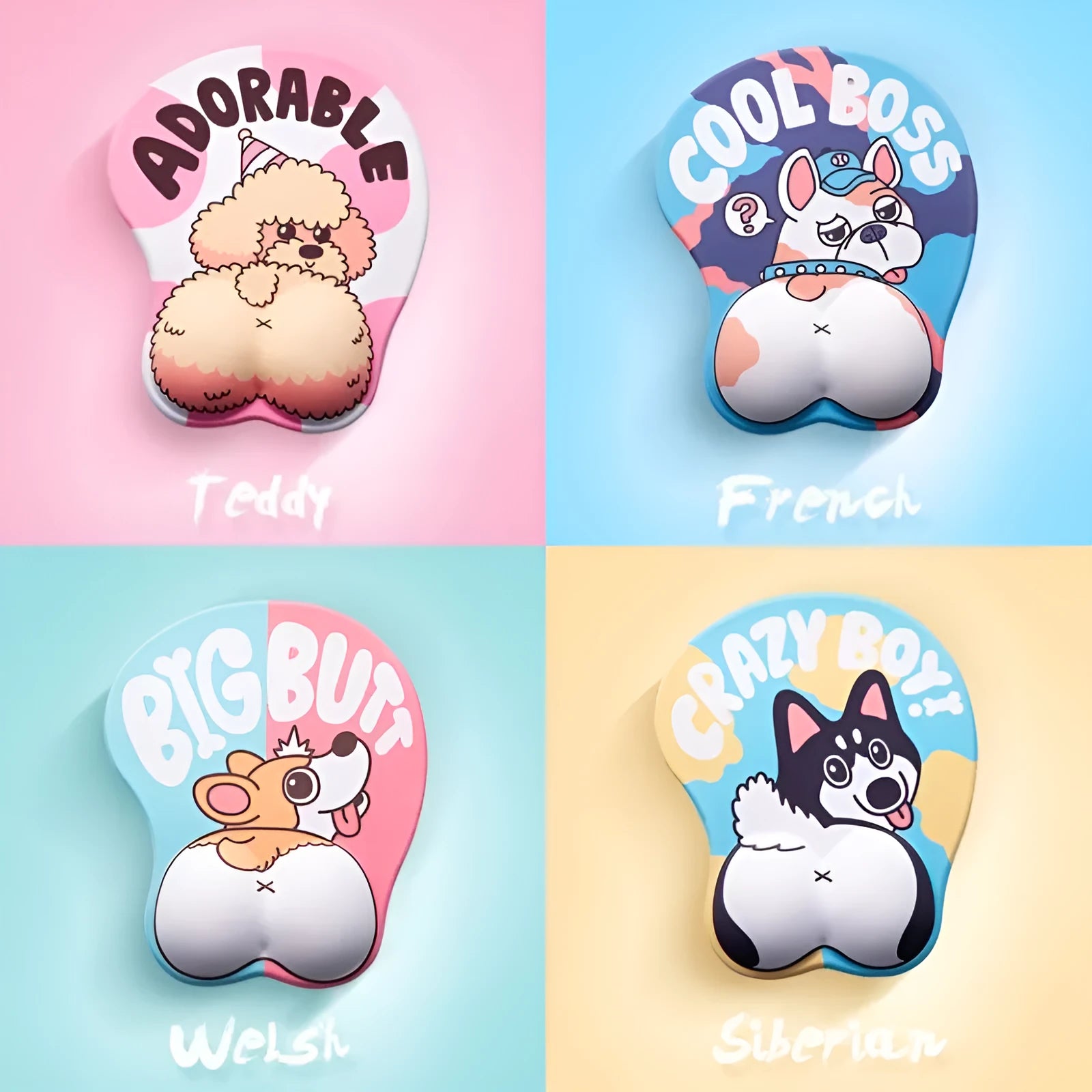 3D corgi design mouse pad with wrist support cushion showing blue colour option on desktop