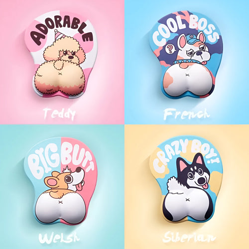 3D corgi design mouse pad with wrist support cushion showing blue colour option on desktop