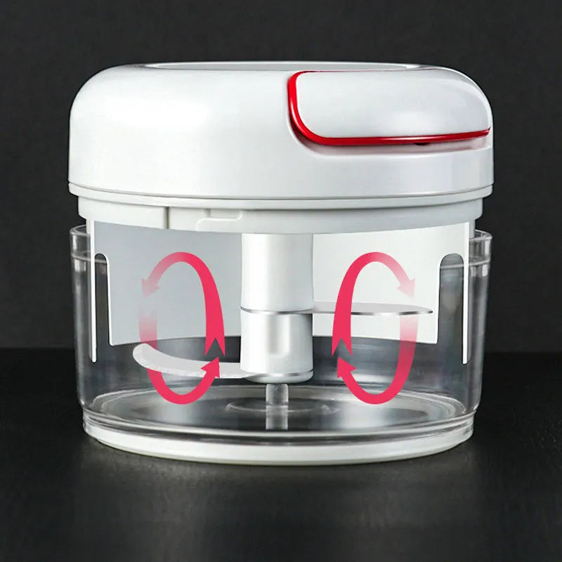 Compact manual food chopper with plastic housing and stainless steel blades for vegetable preparation