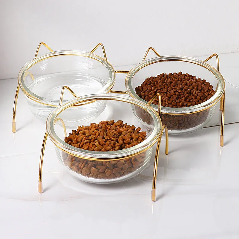 Glass cat bowl with iron rack, double and single options for cats and small dogs