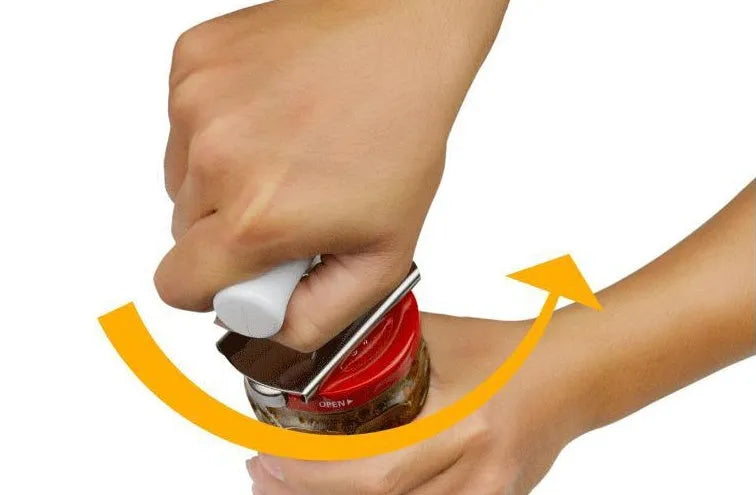 White adjustable stainless steel bottle opener with gear design and PP handle on a wooden surface.