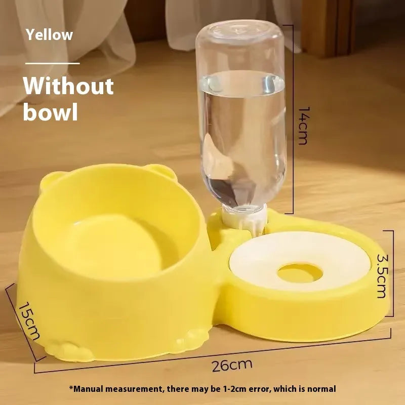Double bowl automatic pet drinking basin in stainless steel and ceramic on a floor.