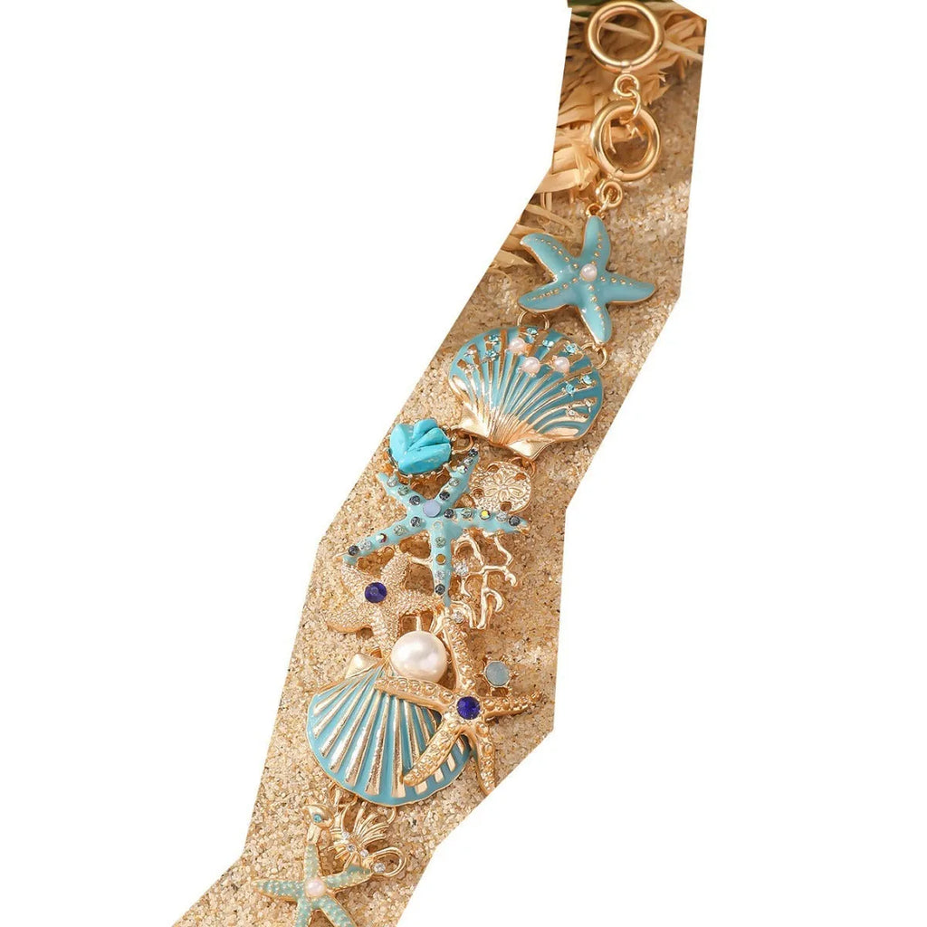 Alloy nautical bracelet with boat anchor charm, starfish detail, in turquoise, red, or blue.