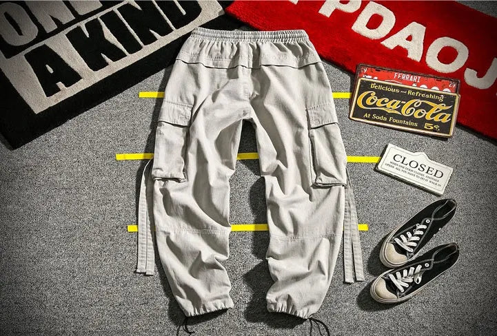 RIBBON Cargo Pants for men cotton blend multi-pocket drawstring waist loose fit in black gray red sizes M to 5XL