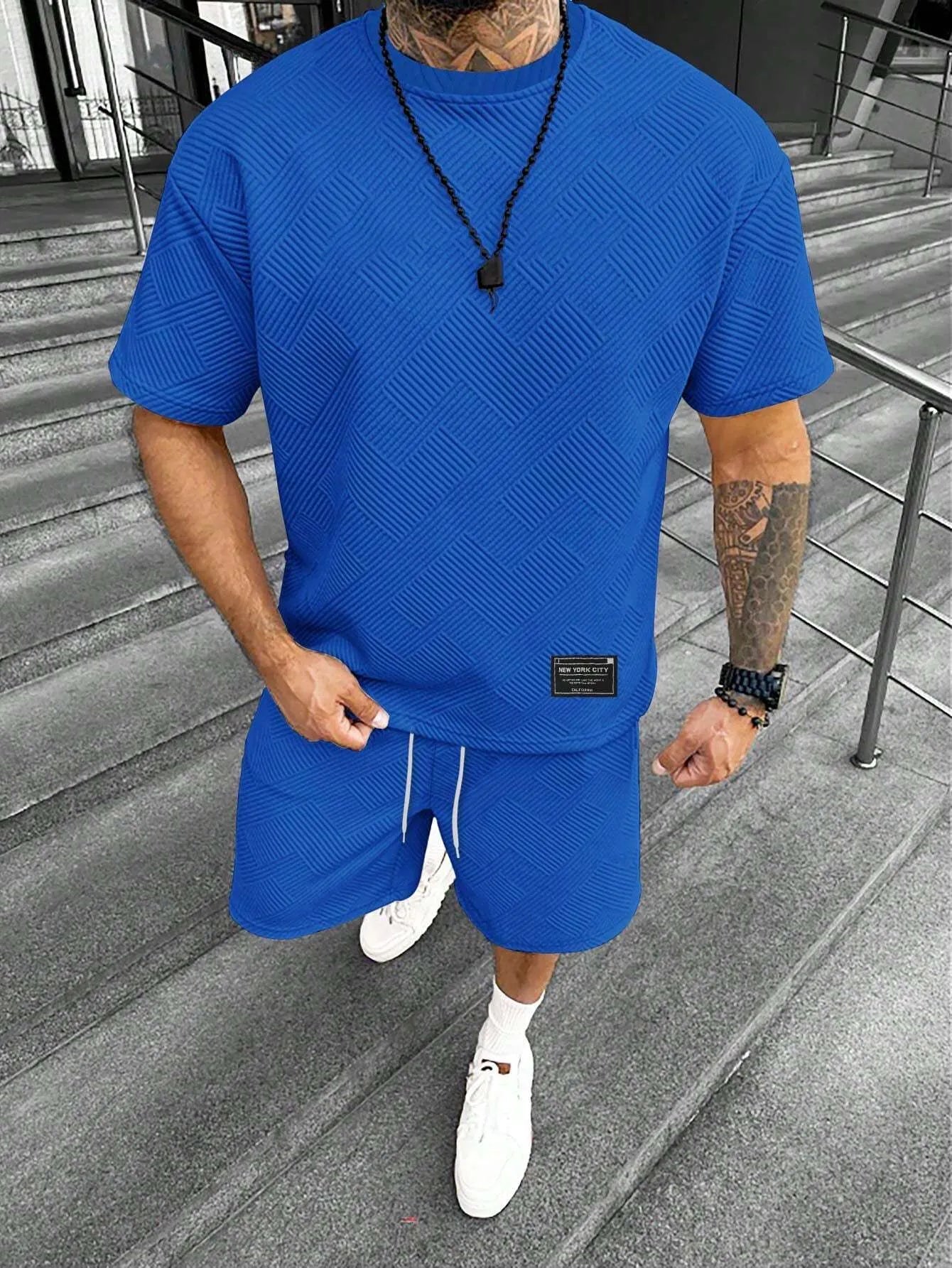 Men's short sleeve top and matching shorts with 3D digital printed pattern in a polyester blend fabric