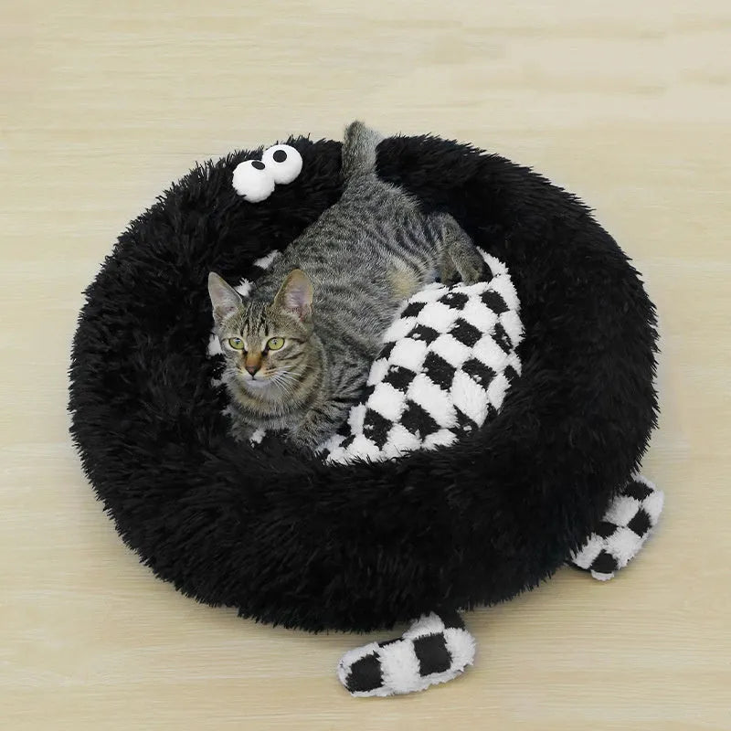 Plush pet nest bed for small medium dogs in black, pink, or yellow colour options