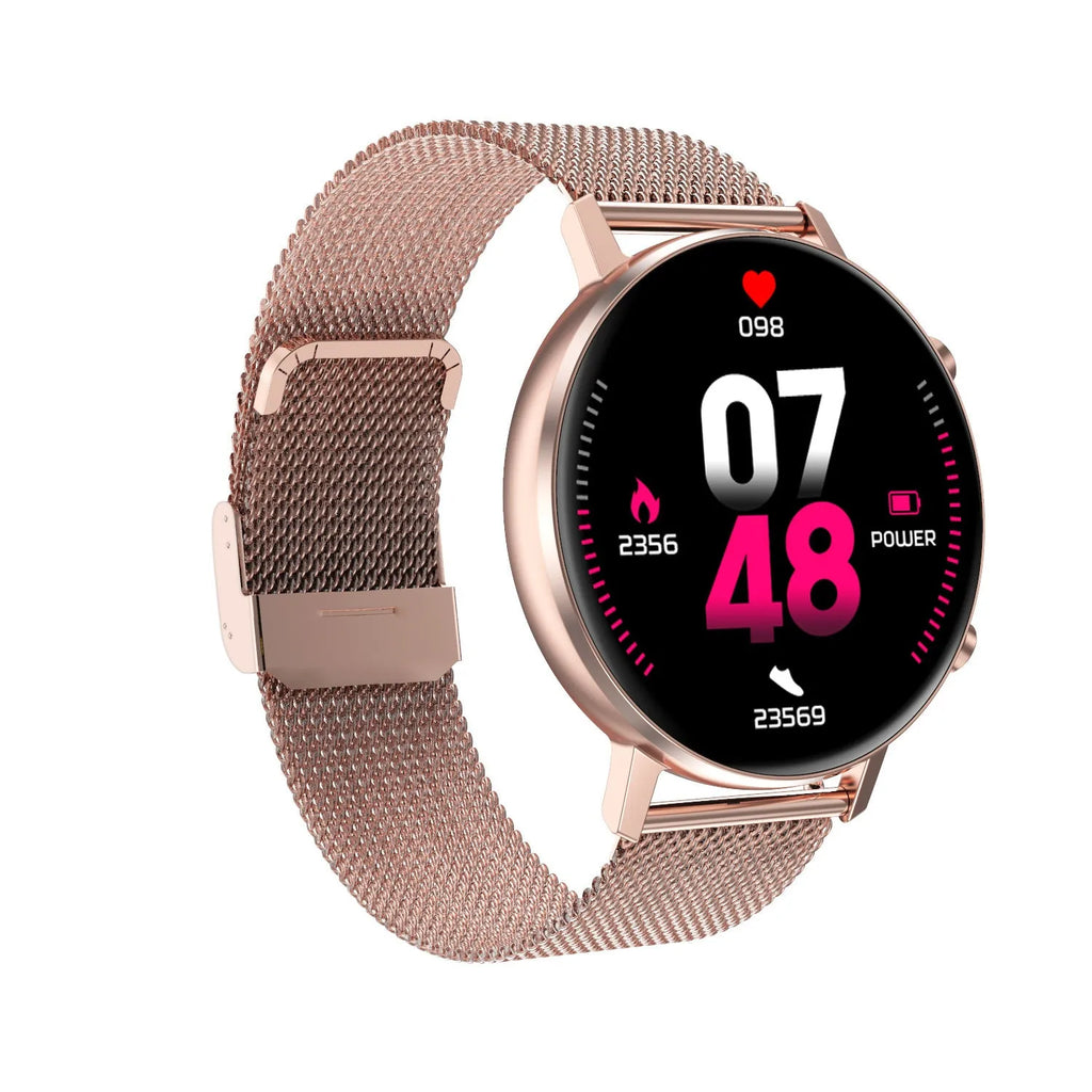 DT96 smart bracelet with 1.3-inch colour screen on a stainless steel strap, showing black, rose gold, and silver colour options.