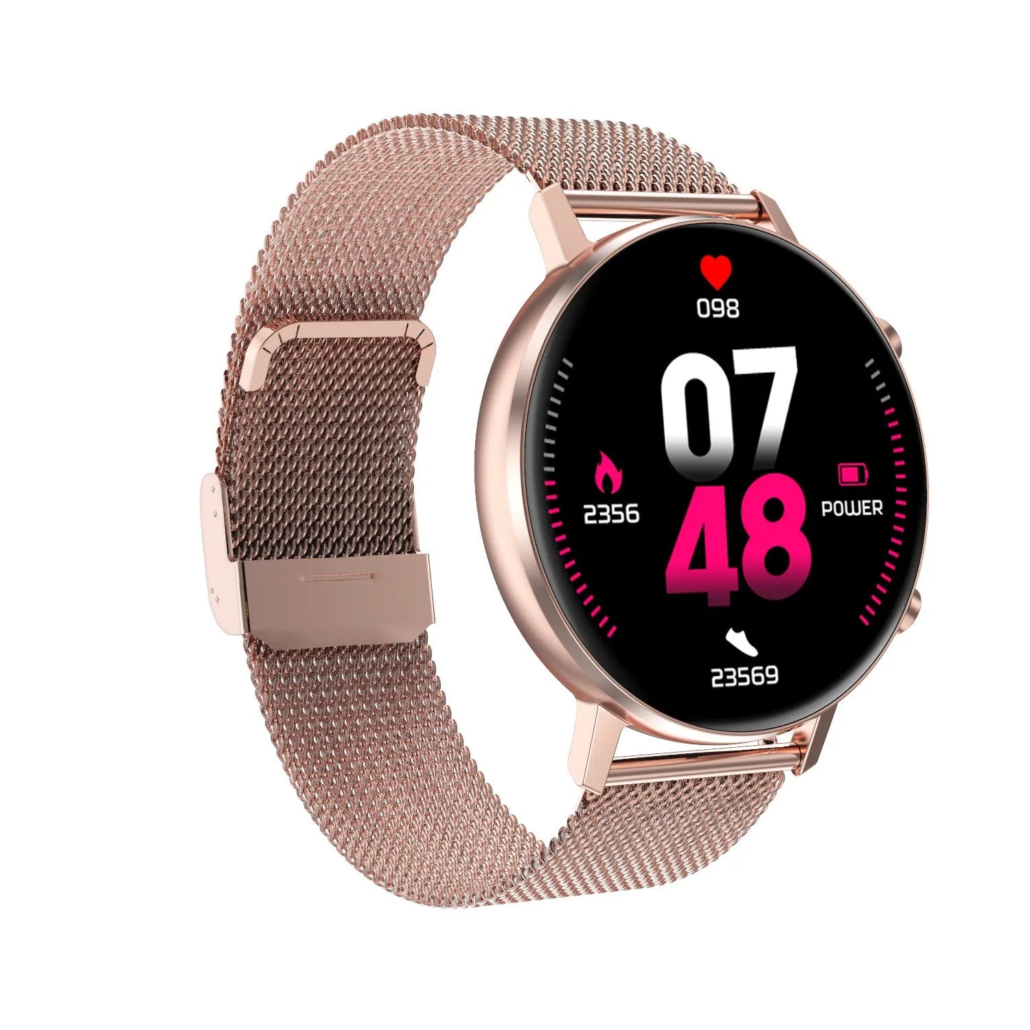 DT96 smart bracelet with 1.3-inch colour screen on a stainless steel strap, showing black, rose gold, and silver colour options.