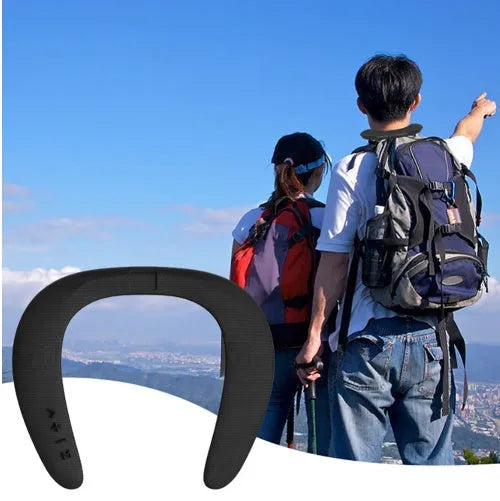 Blue neck-mounted U-shaped Bluetooth sports speaker worn around neck for hands-free audio during running