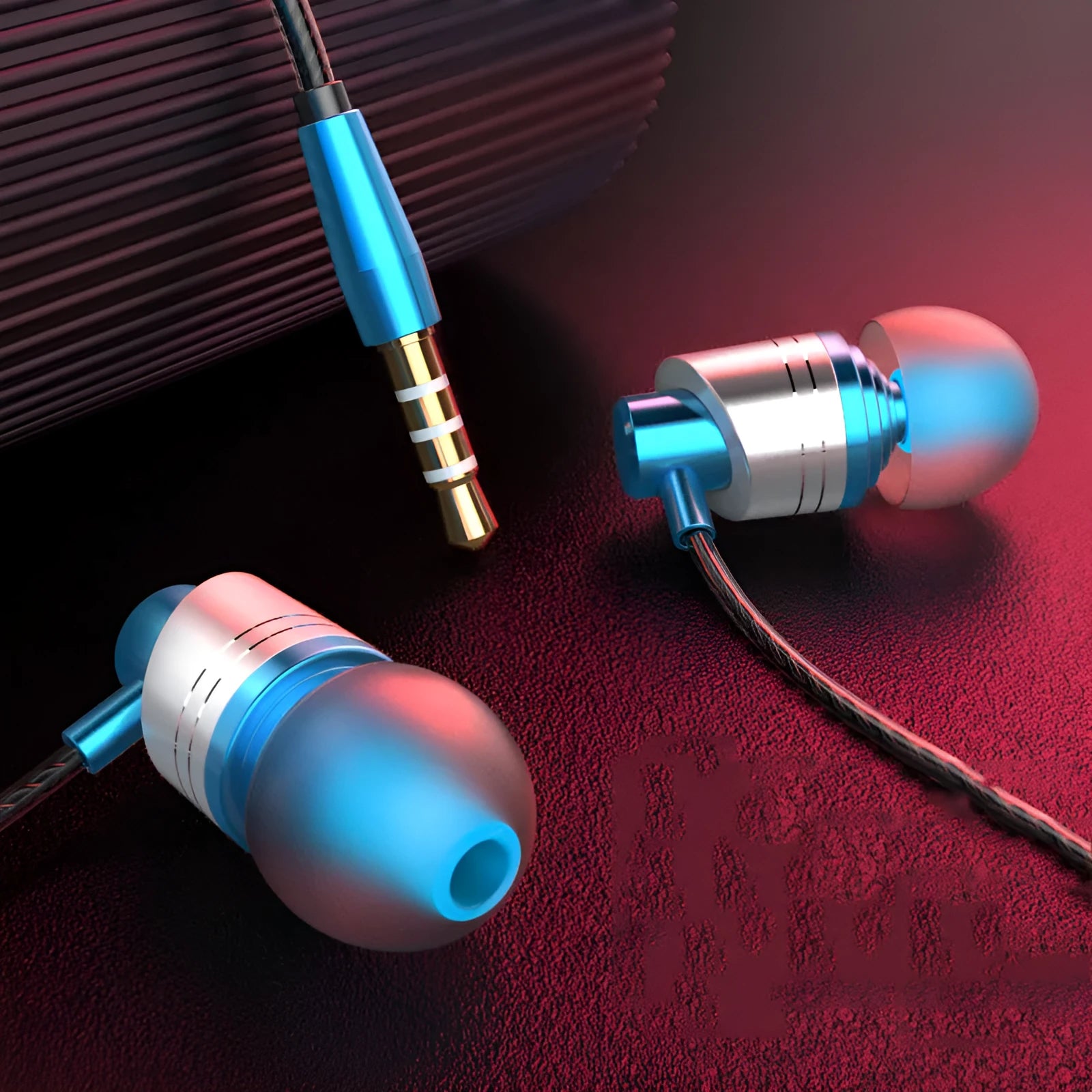 Black wired earphones with silicone earbuds, a 3.5mm plug, and an inline microphone on the cable.