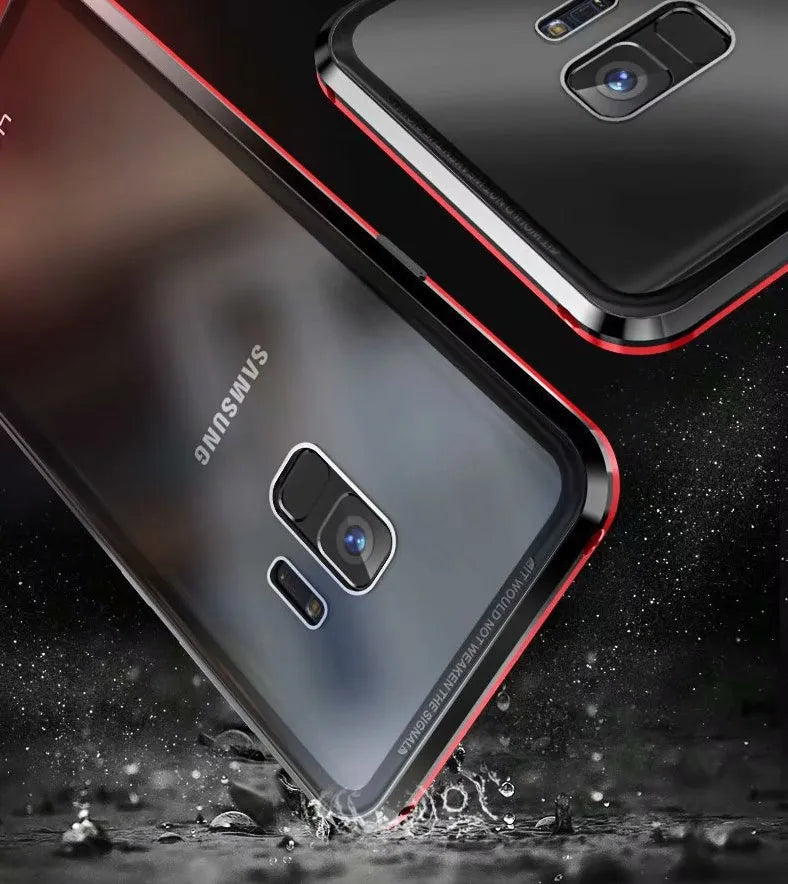 Black anti-peeping magnetic phone case for Samsung Galaxy shown in clamshell open position