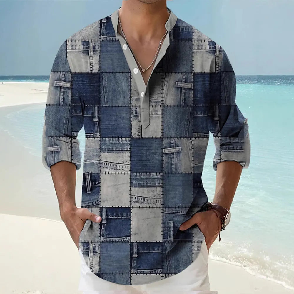 Man wearing a thin, striped casual Hawaiian long sleeve shirt in a linen-look fabric.