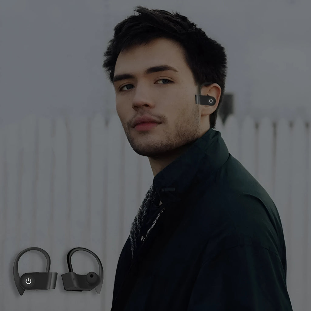 Wireless Bluetooth earphones with V5.0 technology in black grey or red colours showing ergonomic design