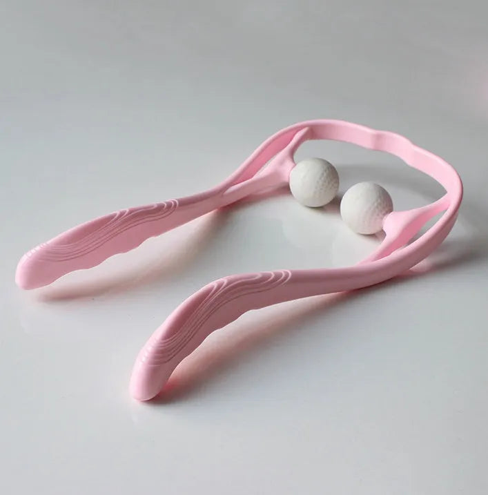 Blue plastic handheld neck massager with adjustable bracket and 3D floating-point massage head.