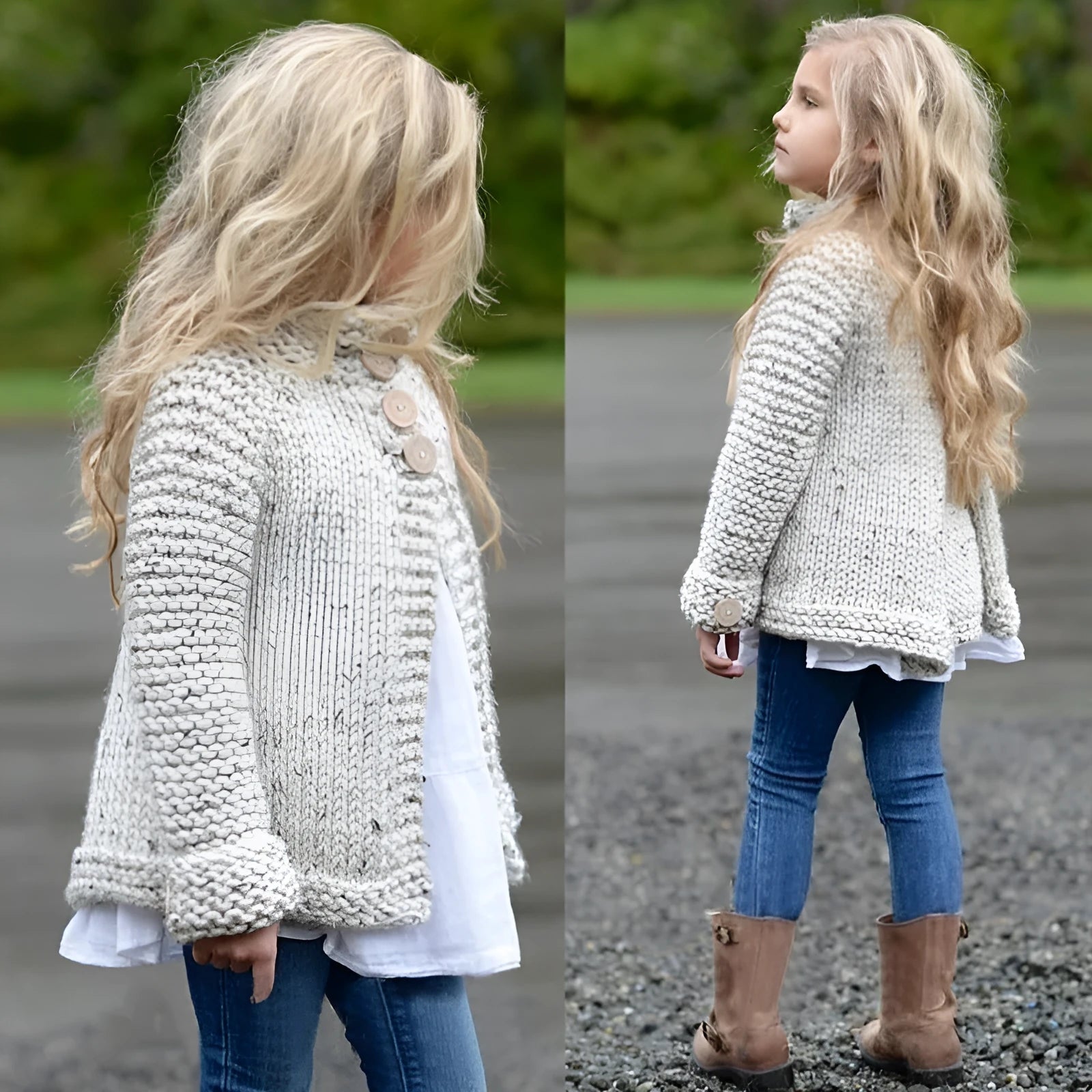 Beige long sleeve cardigan for girls with single-breasted front, made from a knitted rabbit hair blend.