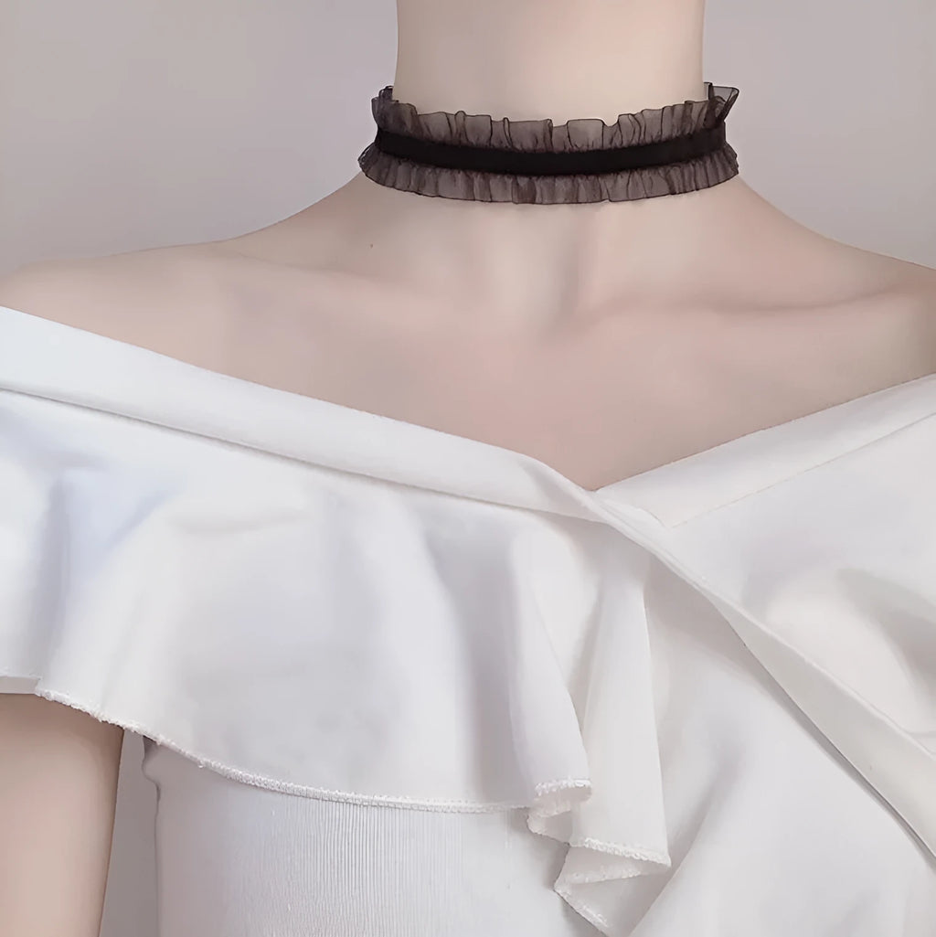 Velvet ruffled alloy necklace with flower pendant on snake bones chain in black, light coffee, or white