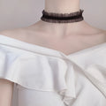 Velvet ruffled alloy necklace with flower pendant on snake bones chain in black, light coffee, or white