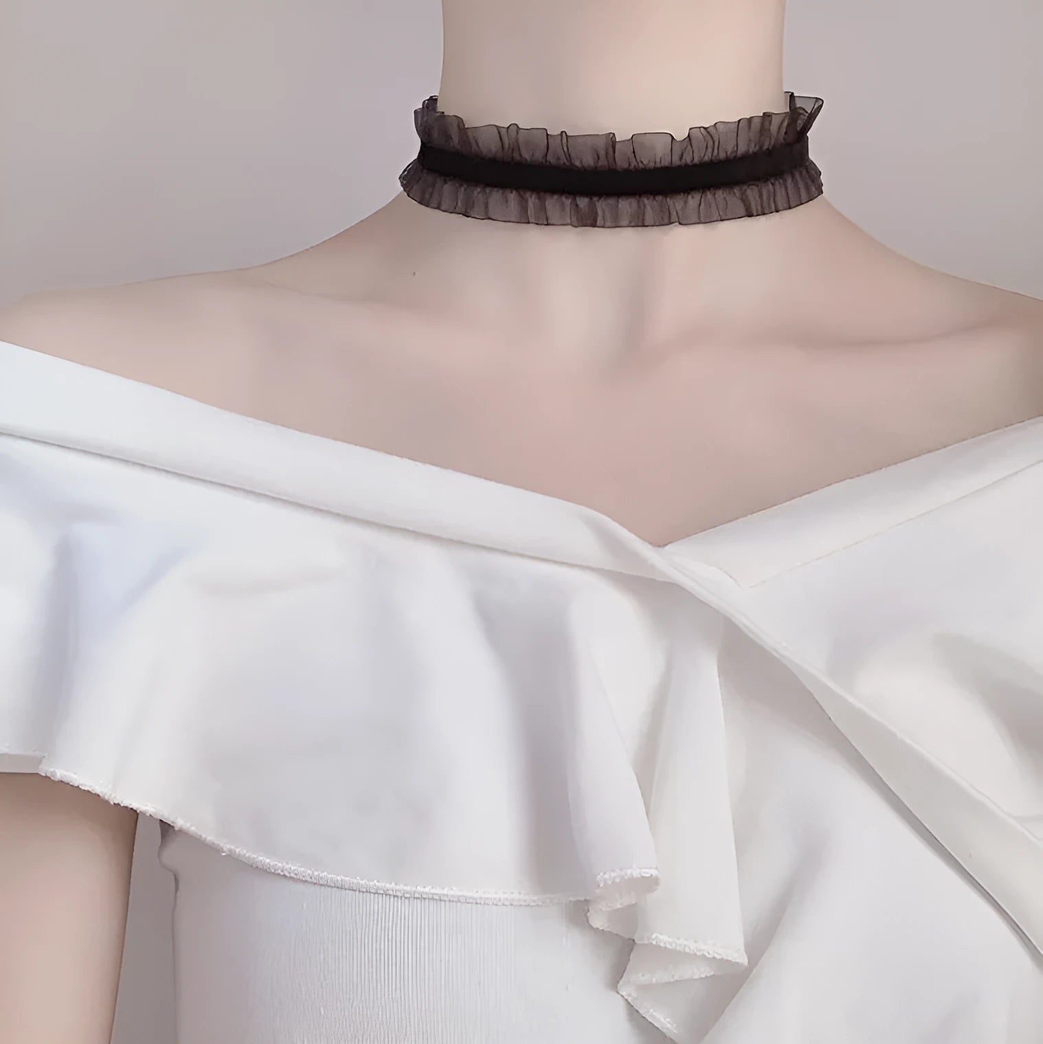 Velvet ruffled alloy necklace with flower pendant on snake bones chain in black, light coffee, or white