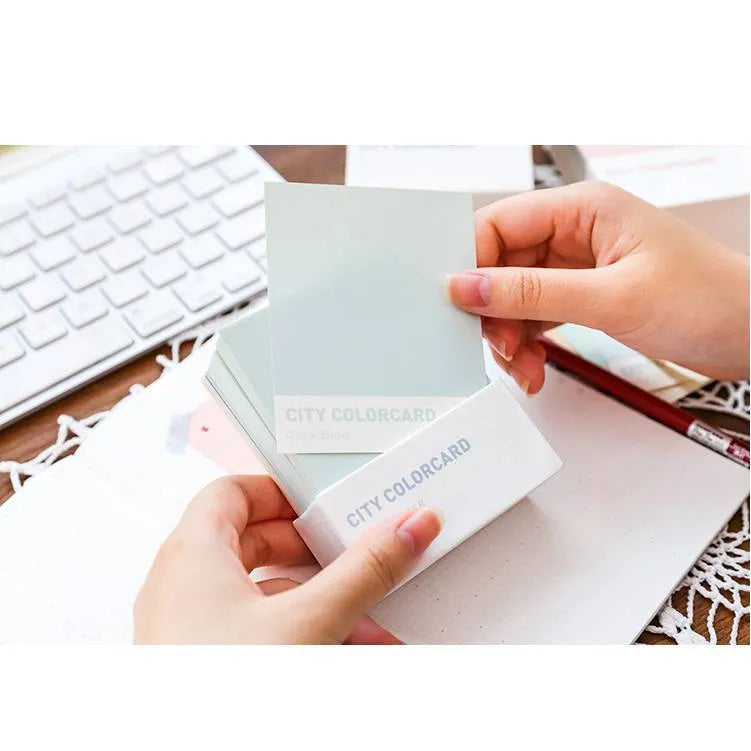 City-themed memo note cards showing four colour designs at 75x95mm size