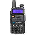 Black handheld VHF UHF walkie talkie with antenna, LCD display, and keypad.