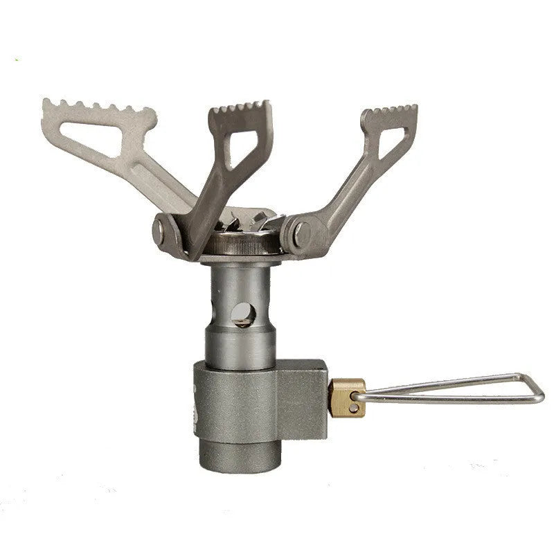 Portable propane gas camping stove with a one-piece metal furnace structure.
