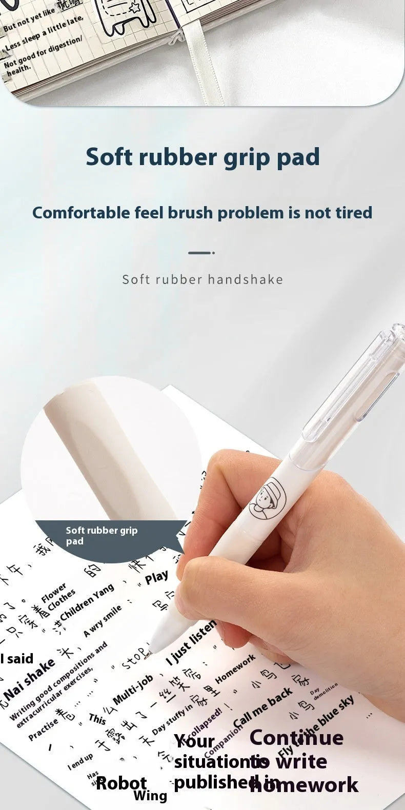 Five white and black ballpoint pens with 0.5mm tips and press-style mechanisms for student exams