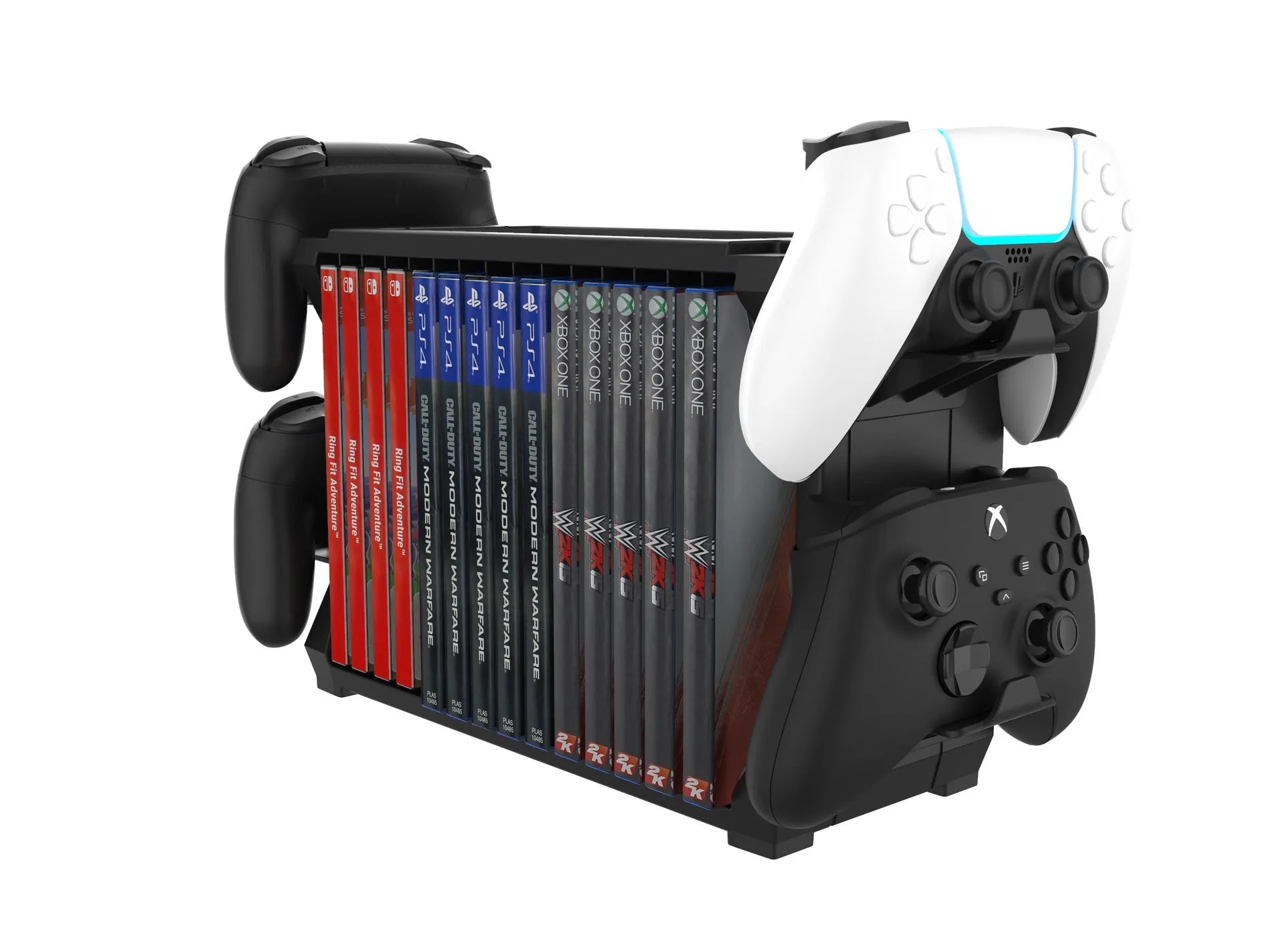 Black ABS plastic disc holder stand for PS5 and Xbox Series X game cartridges with four controller storage bays.