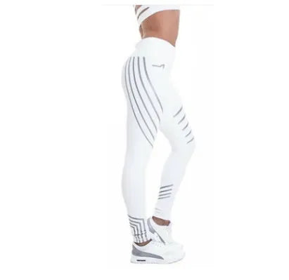 Women's black and white glowing print leggings made from milk silk blend fabric for workouts