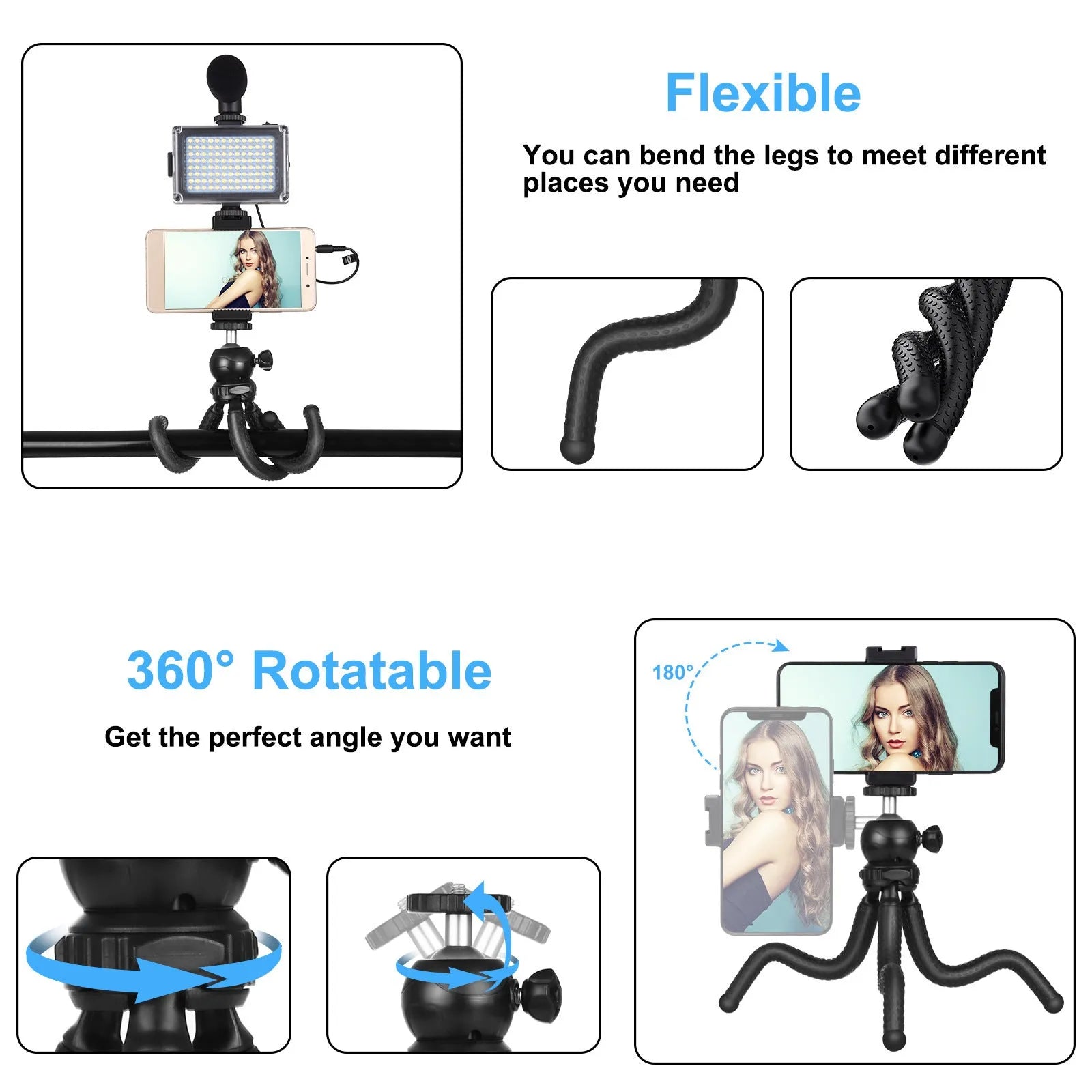 Octopus-style flexible tripod live broadcast kit with fill light and microphone accessories on a table