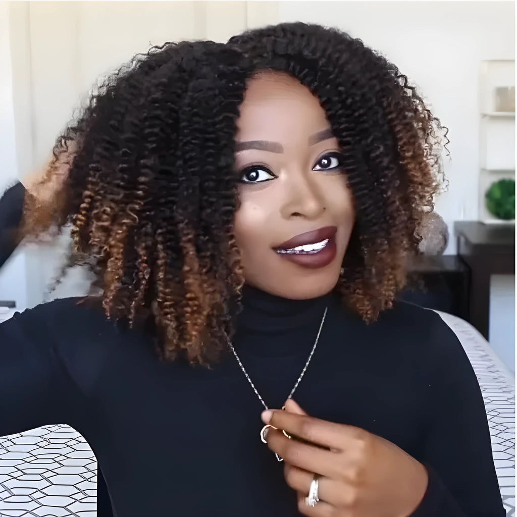 Short curly wig explosion head style long bang high temperature silk black brown gradient for ladies