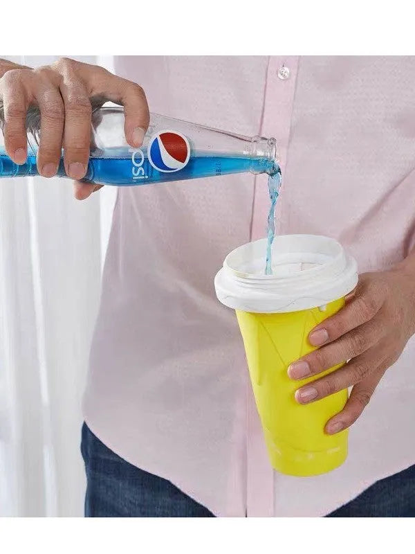 Blue quick-refrigeration silicone pinch cup for making instant slushy drinks.