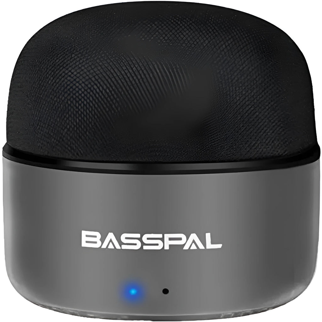 Black plastic waterproof mini Bluetooth speaker showing control buttons and USB port