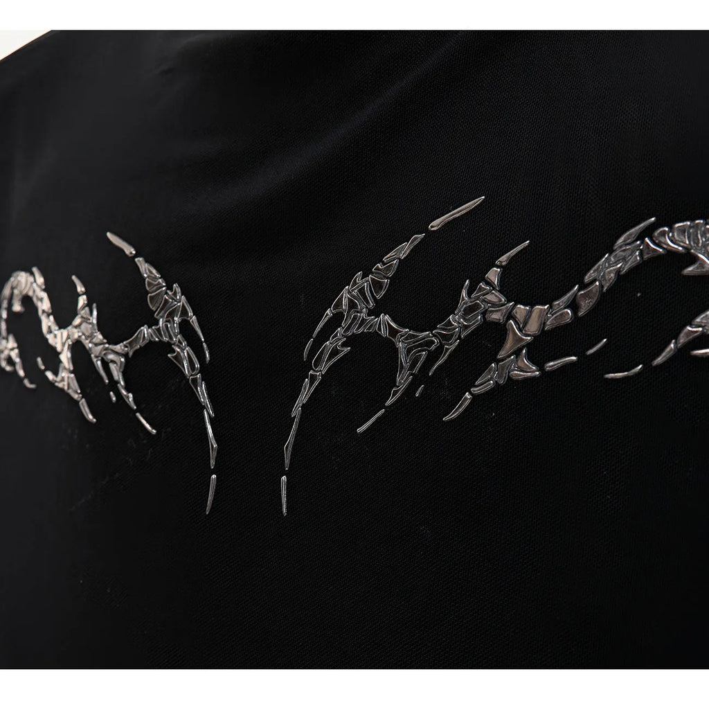Black and white long sleeve mesh slim fit shirt laid flat, showing mesh fabric texture.