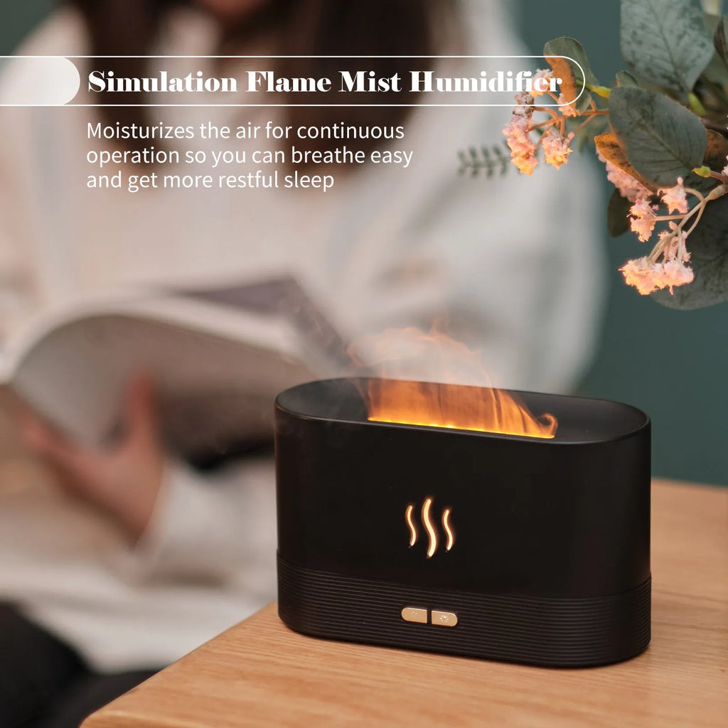 Square black ultrasonic aroma diffuser with flame light effect and mist output