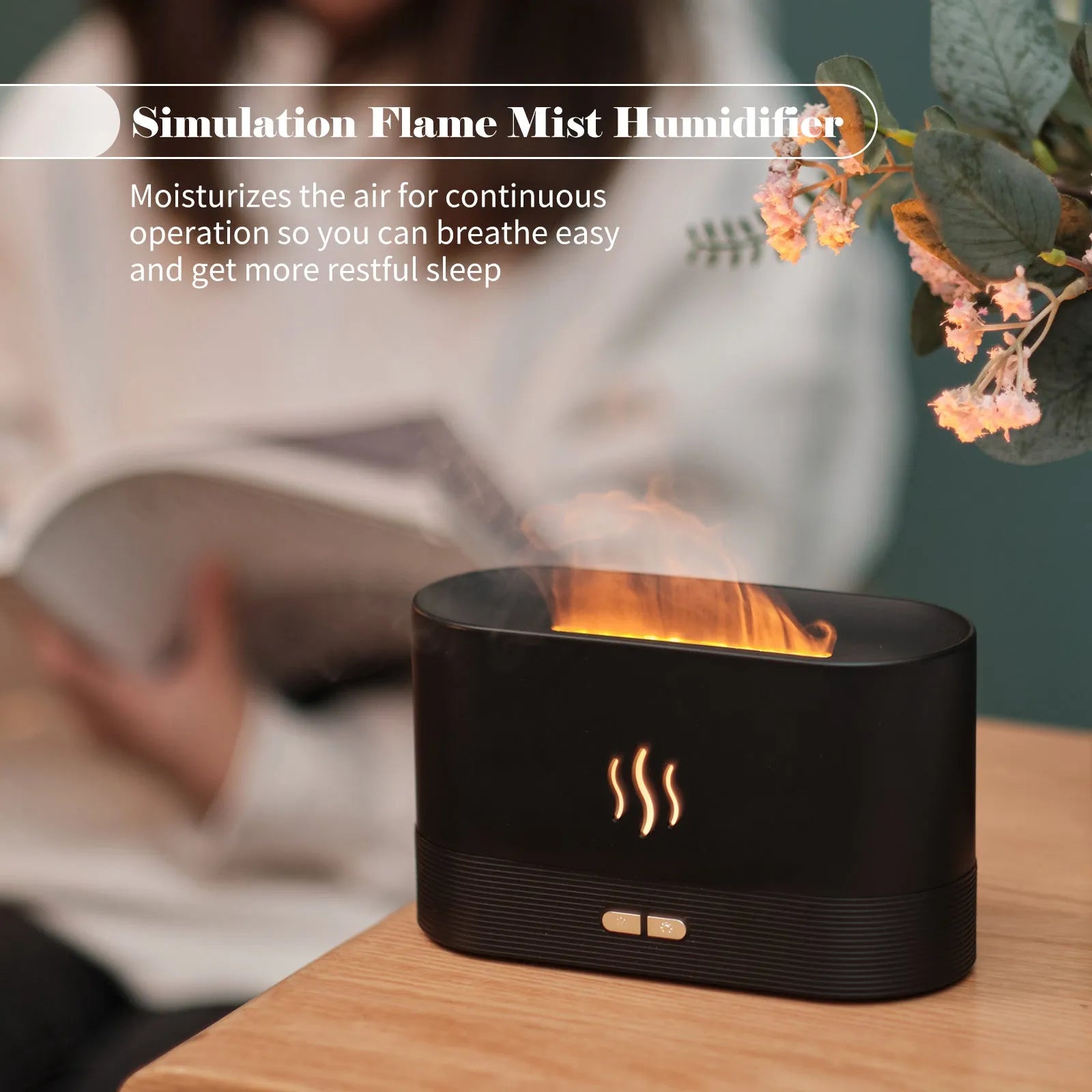 Square black ultrasonic aroma diffuser with flame light effect and mist output